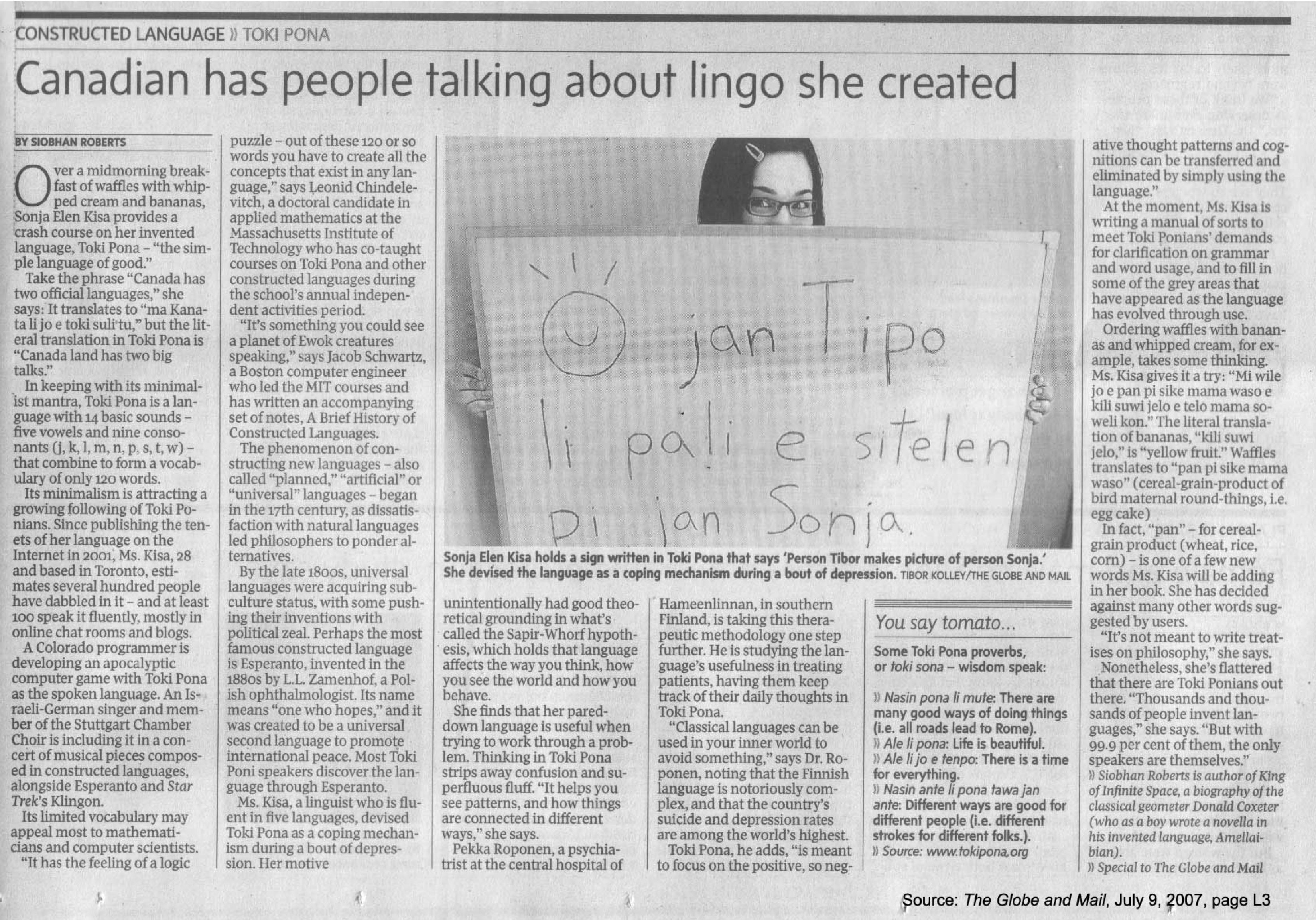 A newspaper clipping from The Globe and Mail (July 9, 2007) by Siobhan Roberts titled "Canadian has people talking about lingo she created".