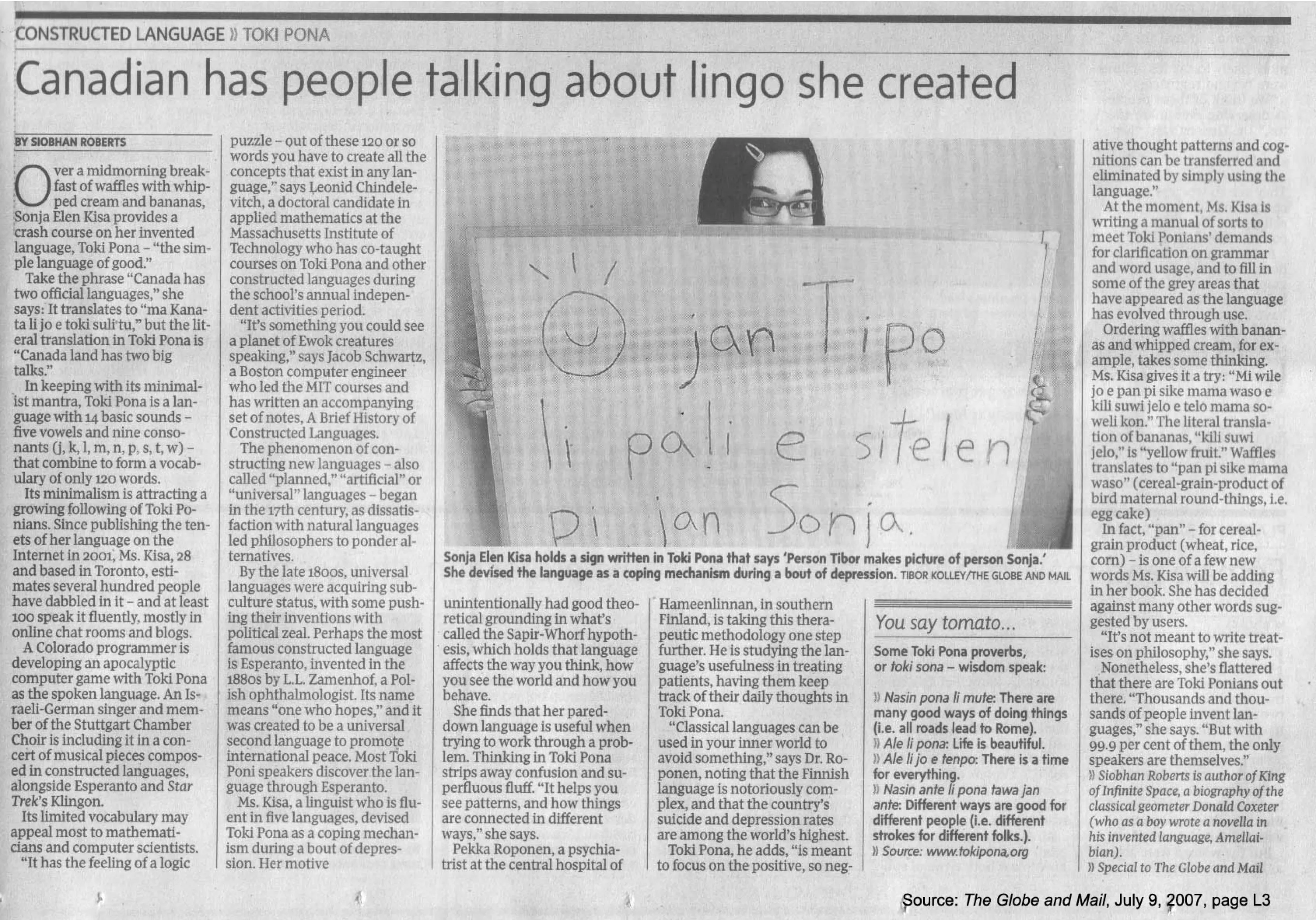 A newspaper clipping from The Globe and Mail (July 9, 2007) by Siobhan Roberts titled "Canadian has people talking about lingo she created.