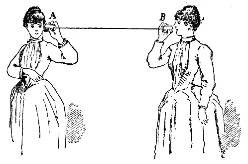 “You simply must try my milk puddings, Ada”, Briar whispers into the telephone. Two victorian ladies hold a tin can telephone pulled taut between them.