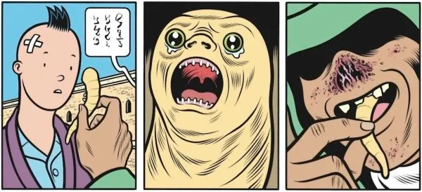 Image from X'ed Out. A person is shown a crying worm by a hooded figure with a wound for a nose. The hooded figure then eats the worm. Their speech is written using strange glyphs.