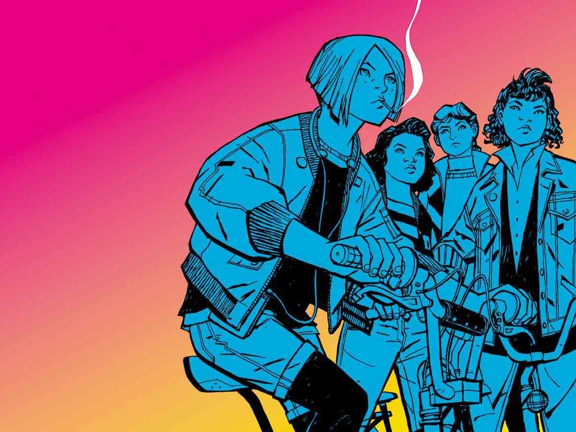 Image from Paper Girls. MacKenzie, smoking, sits on her bicycle, while Erin, KJ, and Tiffany stand behind her.